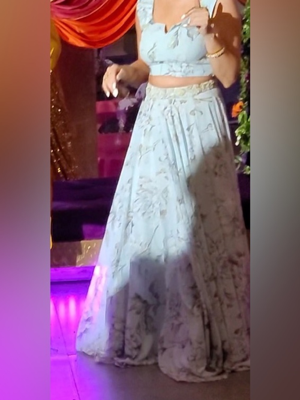 Light Blue Printed Lehenga from Persian (3 pieces - skirt, top and cape)